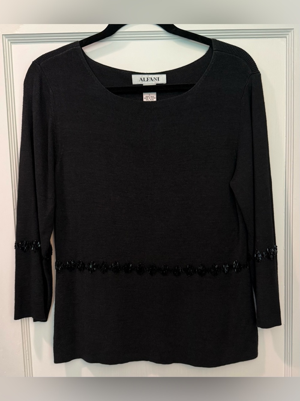 Alfani Black 100% Silk Knit Scoop Neck Sweater with Beading Size Large
